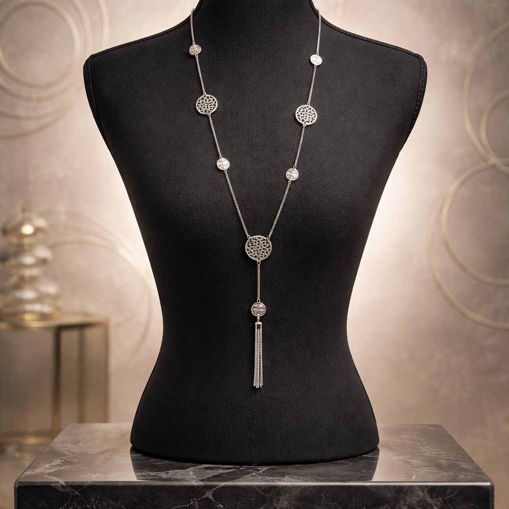 Silver Toned Circle Design Tassel Long Body Necklace
